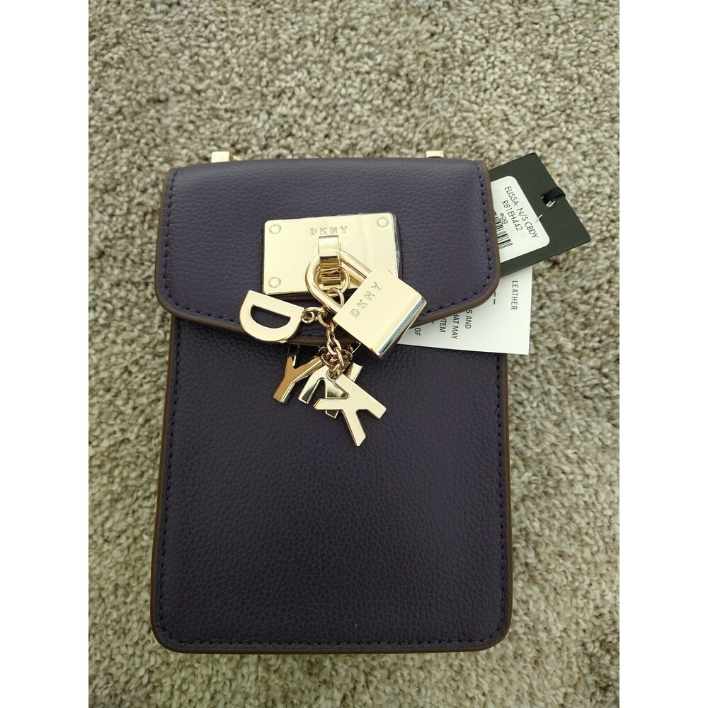 DKNY Elissa Crossbody Purse Dark Purple Leather gold letters 5"x10"